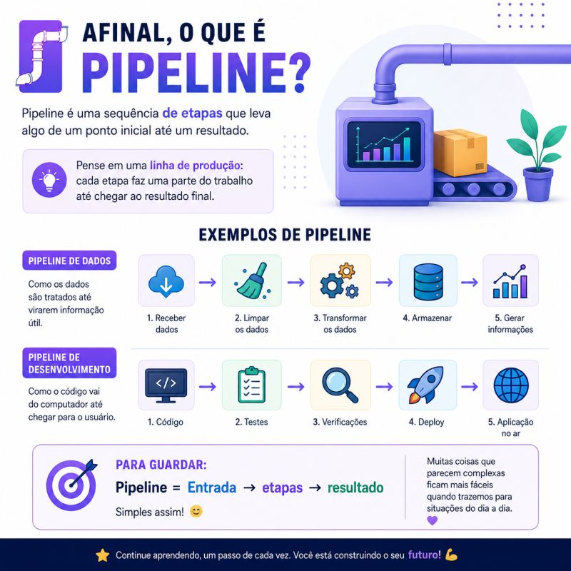 Infográfico explicando o que é um pipeline, com exemplos de pipeline de dados e de desenvolvimento
