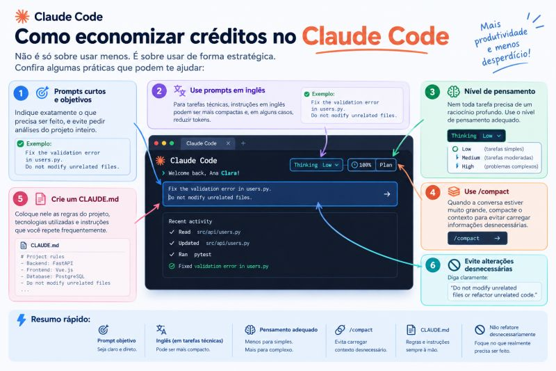 Infográfico com seis práticas para economizar créditos no Claude Code: prompts curtos, prompts em inglês, nível de pensamento, uso do /compact, CLAUDE.md e evitar alterações desnecessárias