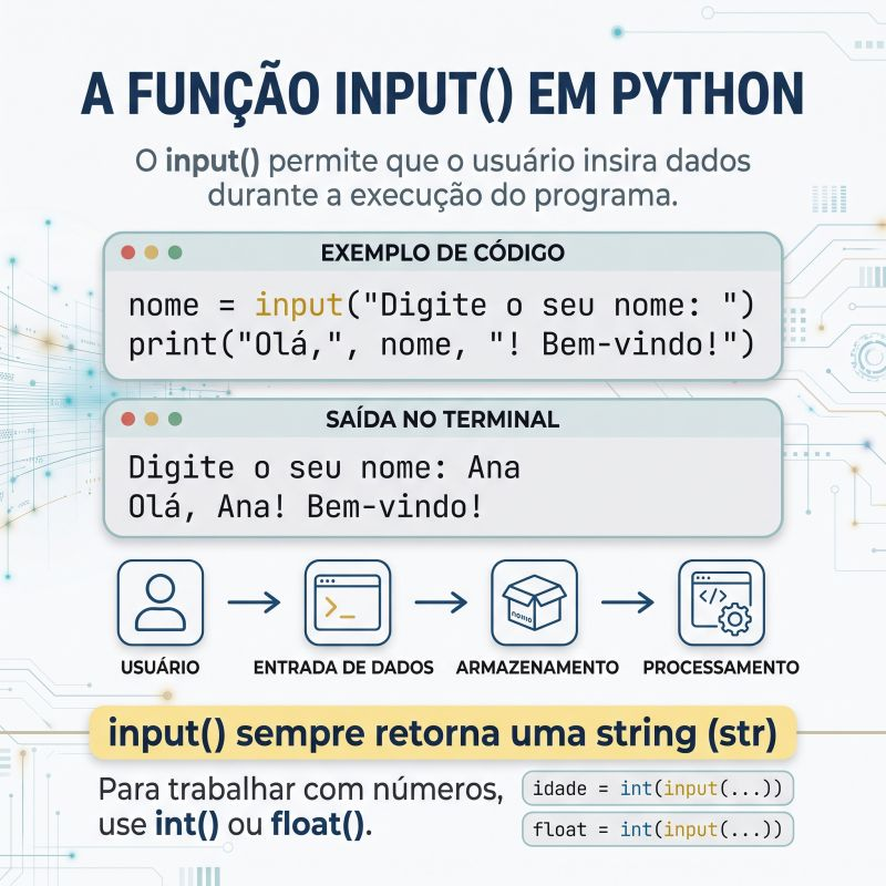 Infográfico A função input() em Python: exemplo de código com input() e print(), saída no terminal, fluxo usuário → entrada de dados → armazenamento → processamento, e o aviso de que input() sempre retorna uma string, exigindo int() ou float() para trabalhar com números