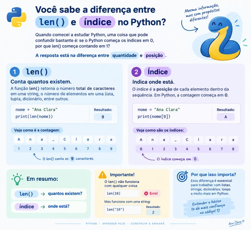 Infográfico len() e índice no Python: len() conta quantos elementos existem, como os 9 caracteres de 'Ana Clara', enquanto o índice indica a posição de cada elemento começando em 0; len(10) gera erro, mas len('10') retorna 2