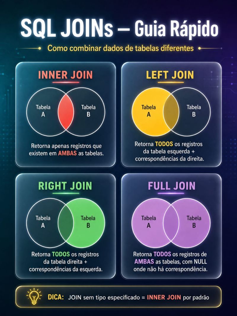 Guia rápido dos 4 tipos de JOIN em SQL — INNER JOIN, LEFT JOIN, RIGHT JOIN e FULL JOIN — representados em diagramas de Venn