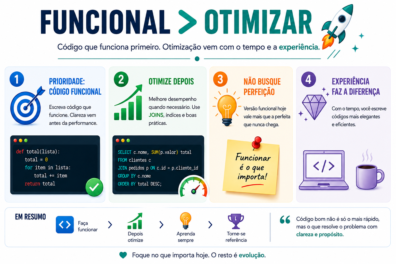 Desenvolvedor priorizando fazer o código funcionar antes de otimizar