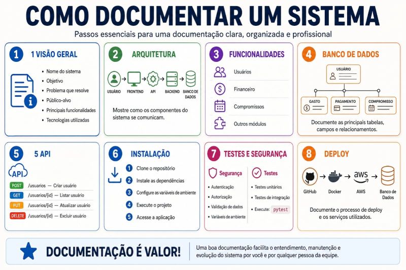 Os 8 pilares de como documentar um sistema: visão geral, arquitetura, funcionalidades, banco de dados, API, instalação, testes e deploy