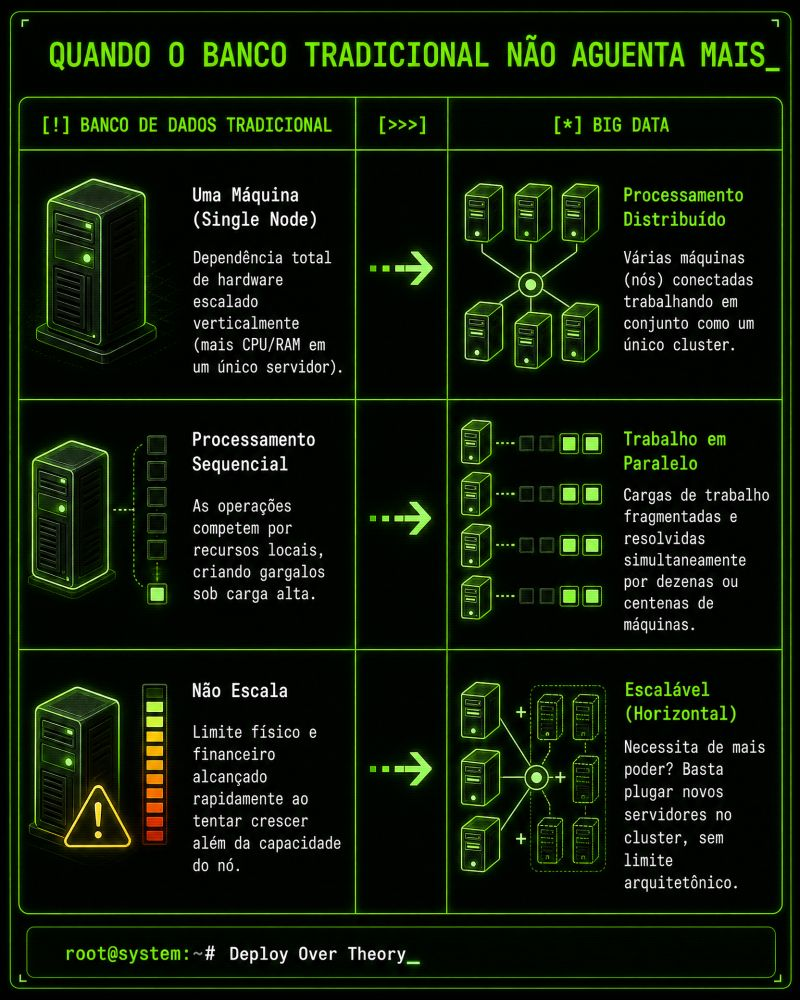 Infográfico comparando banco de dados tradicional (single node, processamento sequencial, não escala) com Big Data (processamento distribuído, trabalho em paralelo, escalável horizontalmente)