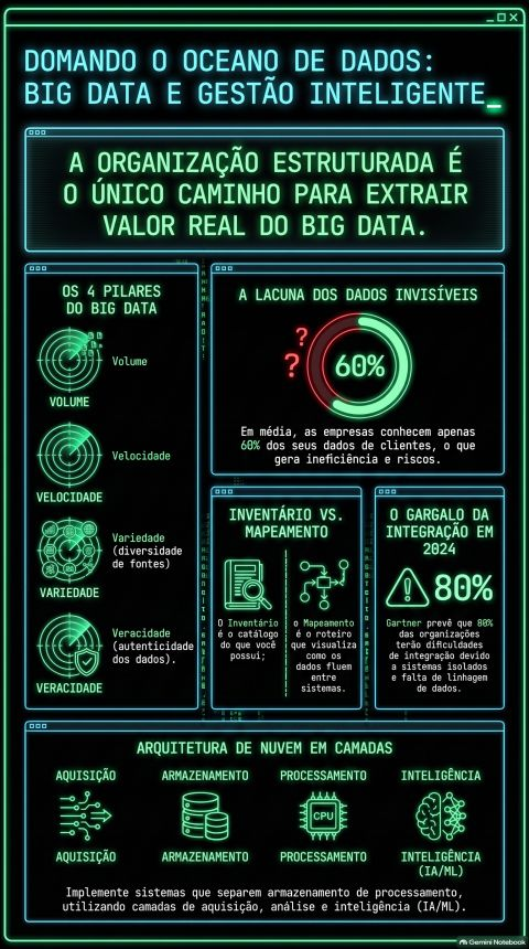 Infográfico sobre Big Data e gestão inteligente: os 4 pilares (volume, velocidade, variedade e veracidade), a lacuna dos dados invisíveis, inventário vs mapeamento, o gargalo da integração e a arquitetura de nuvem em camadas de aquisição, armazenamento, processamento e inteligência