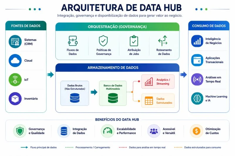 Ilustração de uma arquitetura de Data Hub integrando múltiplas fontes e consumidores