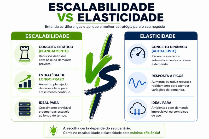 Infográfico comparando escalabilidade e elasticidade: escalabilidade é planejamento de longo prazo, elasticidade é autoajuste automático conforme a demanda
