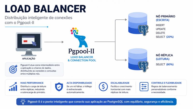 Pgpool-II distribuindo conexões entre a aplicação e os nós primário e réplica do PostgreSQL