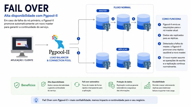 Infográfico de failover com Pgpool-II: a aplicação envia requisições ao Pgpool-II, que encaminha para o nó master do PostgreSQL; os dados são replicados para as réplicas e, quando o master falha, o Pgpool-II promove uma réplica saudável a novo master
