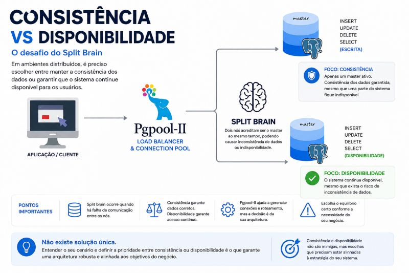 Infográfico Consistência vs Disponibilidade, o desafio do split brain: a aplicação se conecta ao Pgpool-II, que atua como load balancer e connection pool; em um split brain dois nós PostgreSQL acreditam ser o master ao mesmo tempo, e a arquitetura precisa escolher entre o foco em consistência, com apenas um master ativo, e o foco em disponibilidade, em que o sistema continua no ar com risco de inconsistência de dados